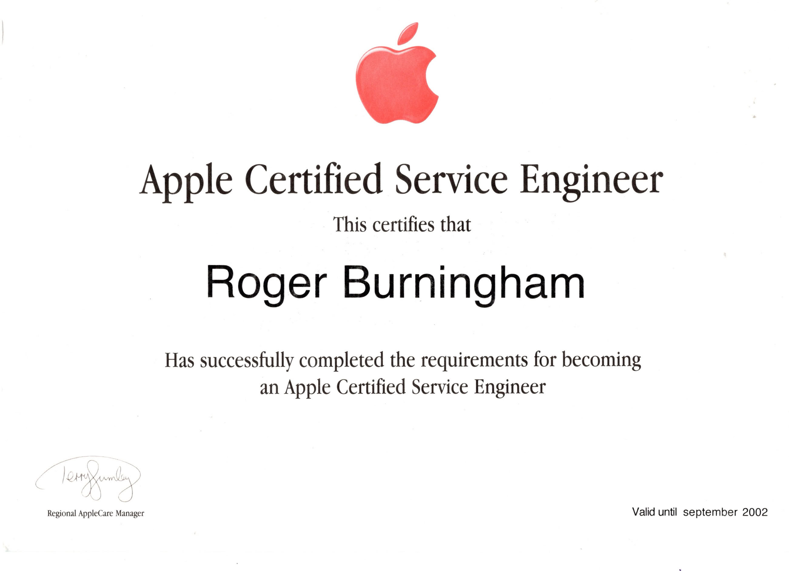 Apple Certified Service Engineer Certificate for 2000 onwards